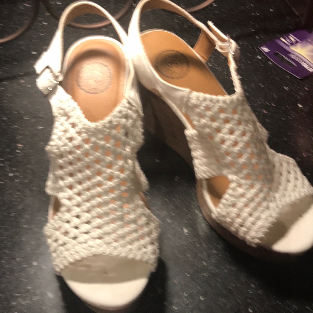 White macrame wedge heels